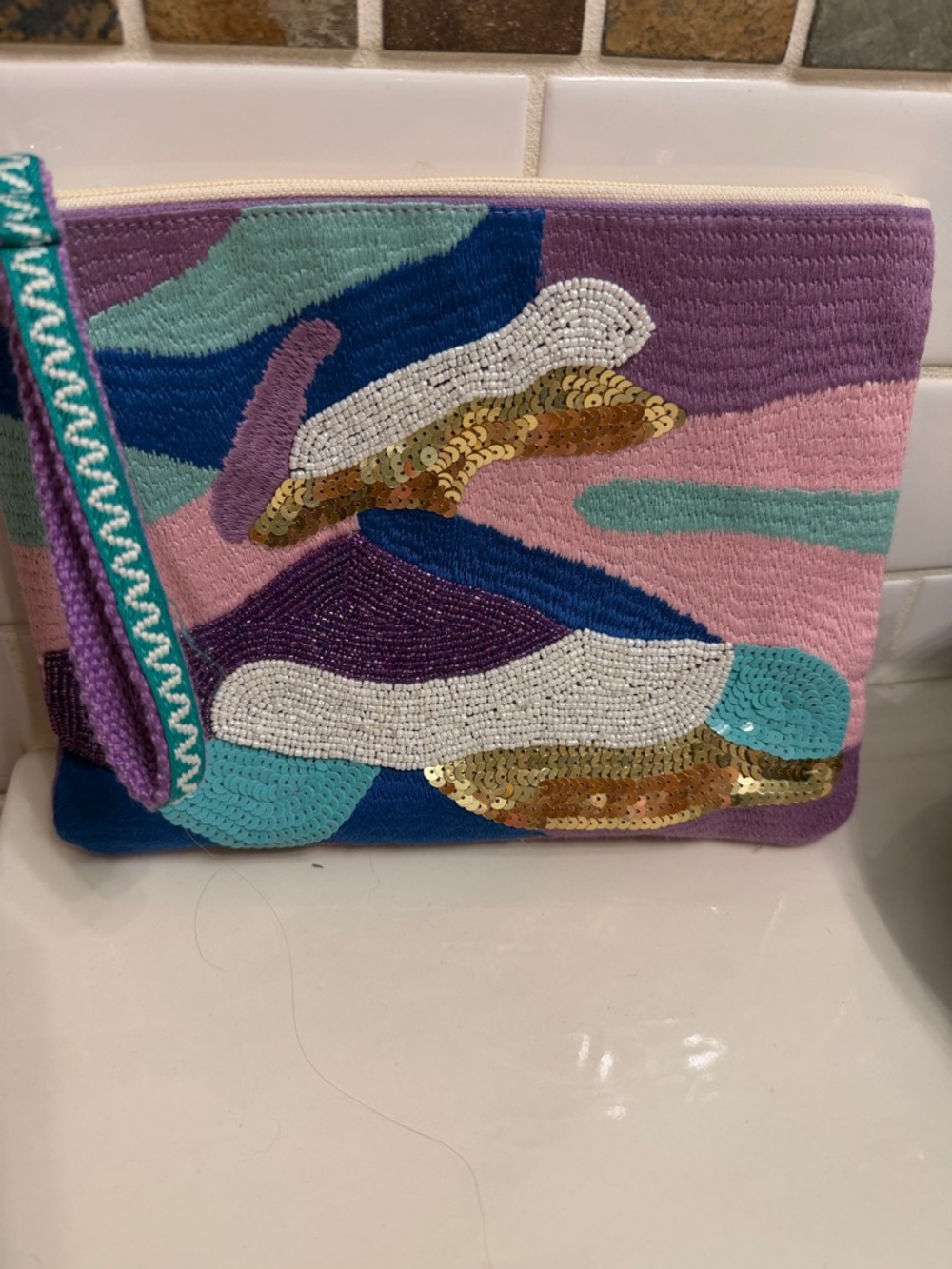 Beaded Abstract Pattern Wristlet Clutch in Purple & Teal